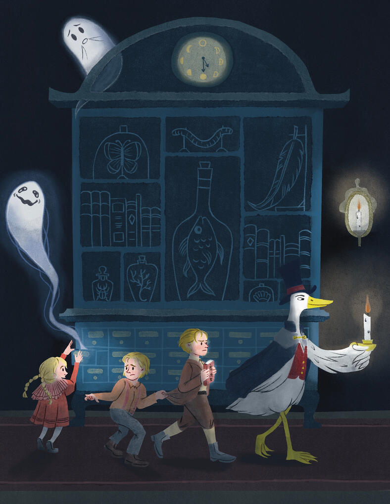 Three siblings follow a goose down the dark halls of a mansion. The youngest sibling unleashes a ghostly force from a cabinet while another ghost watches above in horror.