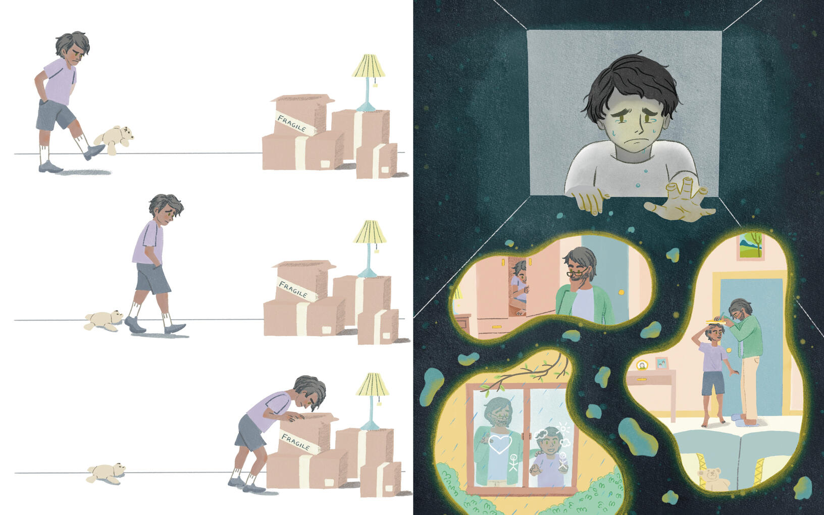 Double page spread. Left page: Boy kicks aside a stuffed bear as he walks towards moving boxes. He peers inside one of the open boxes. Right page: The boy looks down crying while memories of living in the house with his father float below.