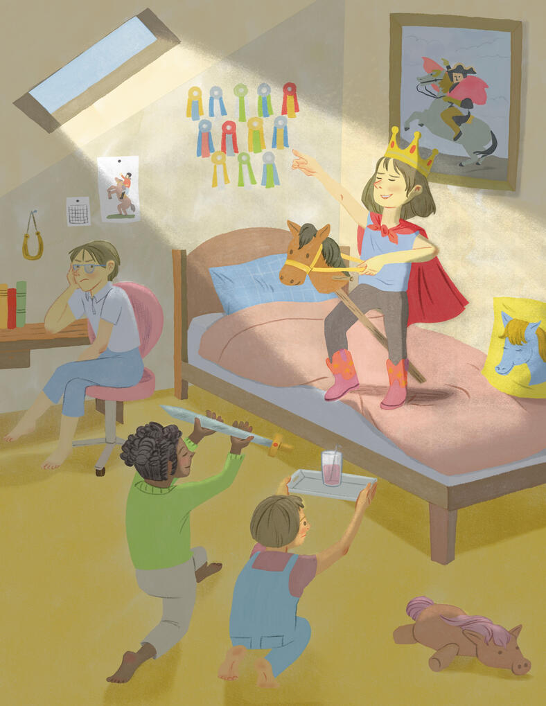A horse girl dressed up as a queen stands on her bed holding a hobby horse and orders her friends around. Her sister in the background watches on in annoyance while her friends kneel beneath her offering up a toy sword and juice.