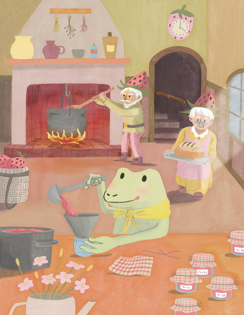 Inside of a gnome's house, an elderly gnome couple and a frog are making and canning strawberry jam.