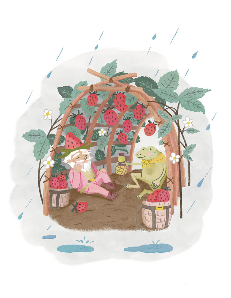 A gnome and frog rest from their harvesting activities inside of a strawberry plant covered trellis while it rains outside.