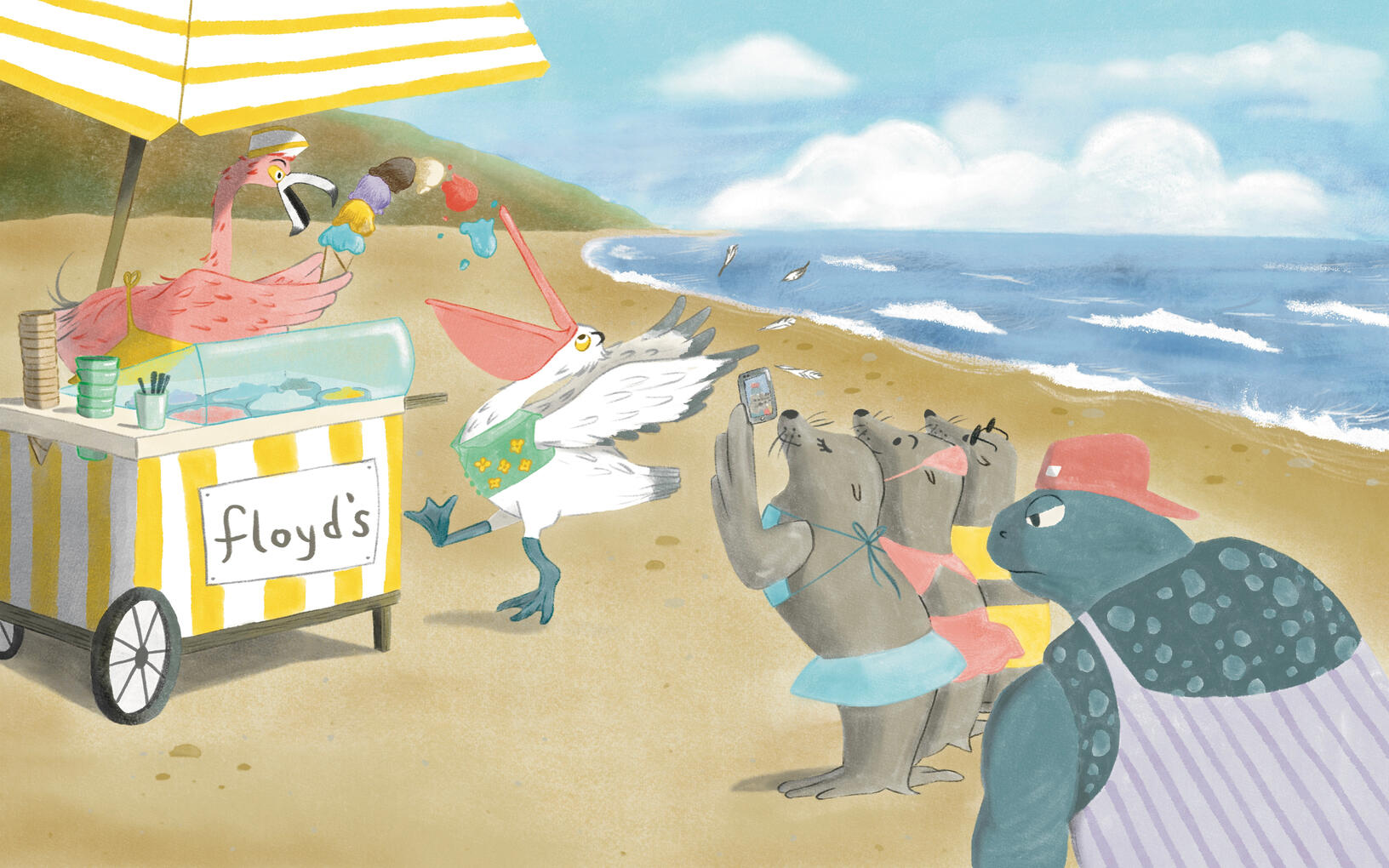 A flamingo serves a pelican several scoops of ice cream on a cone, dropping it in the process, while a group of seals and a turtle bystander stand in line behind.