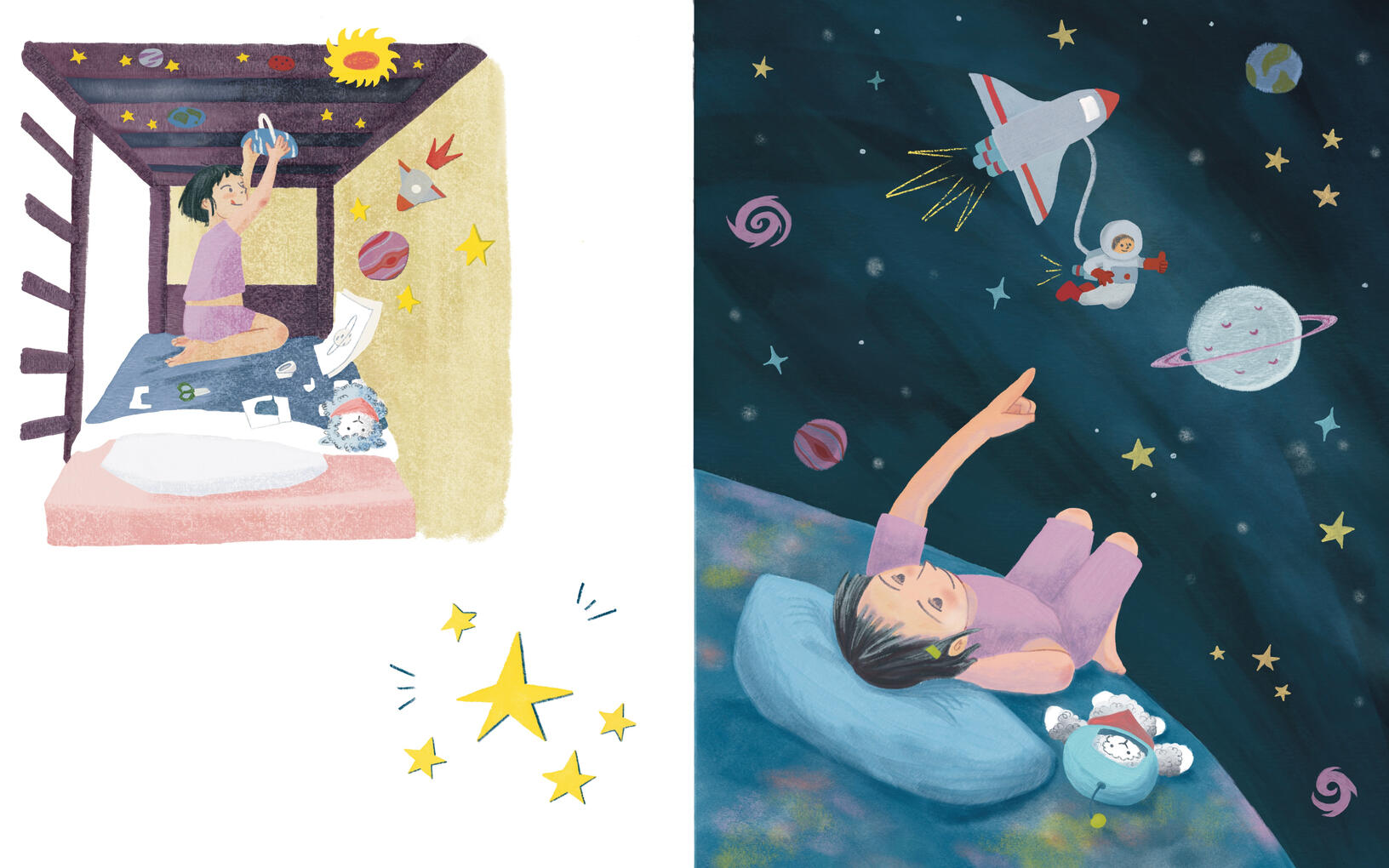 Double page spread. Left page: A young girl decorates the underside of a bunk bed with cutouts of planets and stars. Right page: The young girl lies down in bed looking up and imagines herself as an astronaut in space while pointing up at the ceiling.