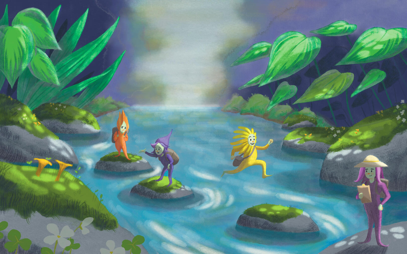 A group of flower sprites cross a stream by jumping across mossy rocks.