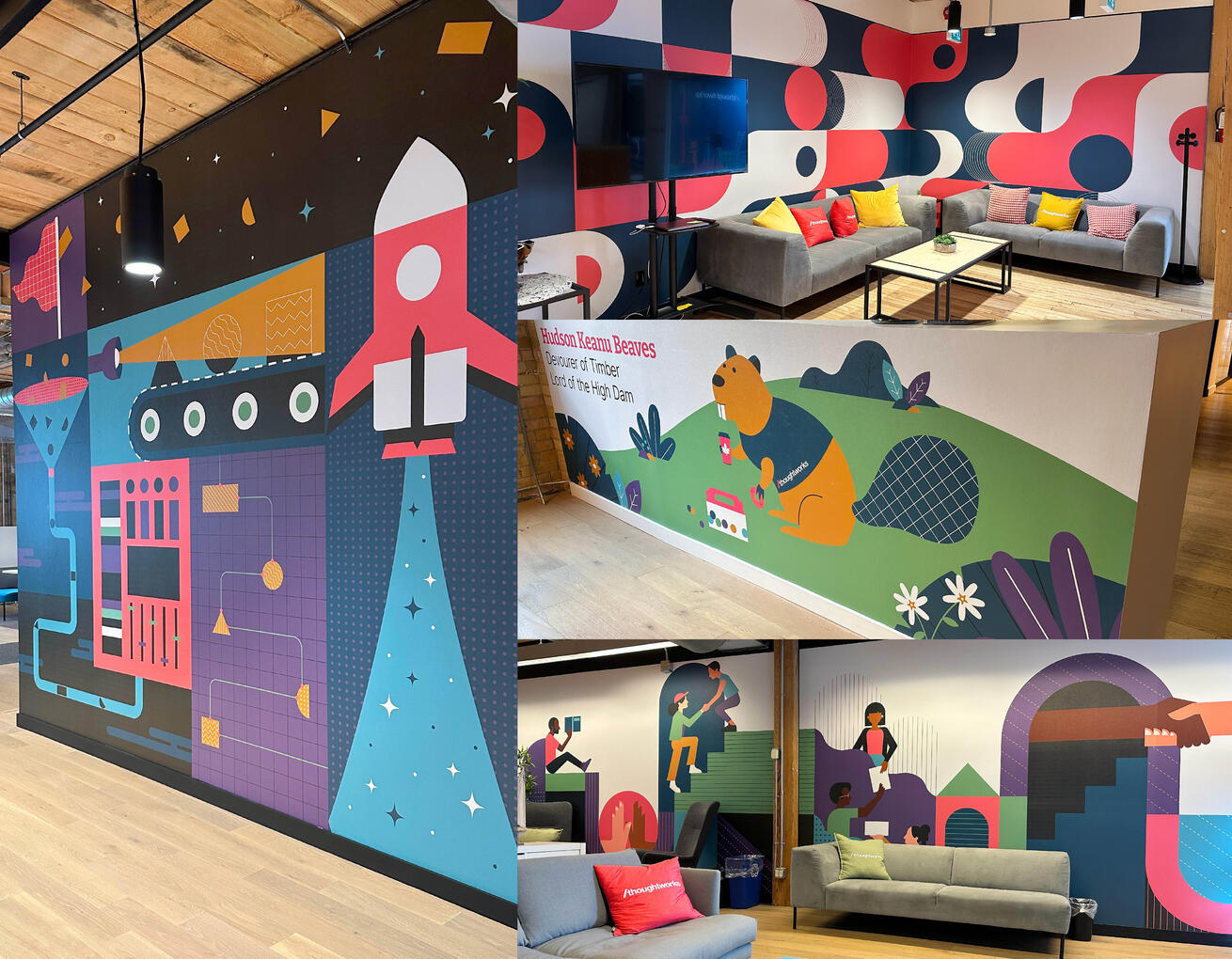 Photo grid of Thoughtworks branded office wall murals.