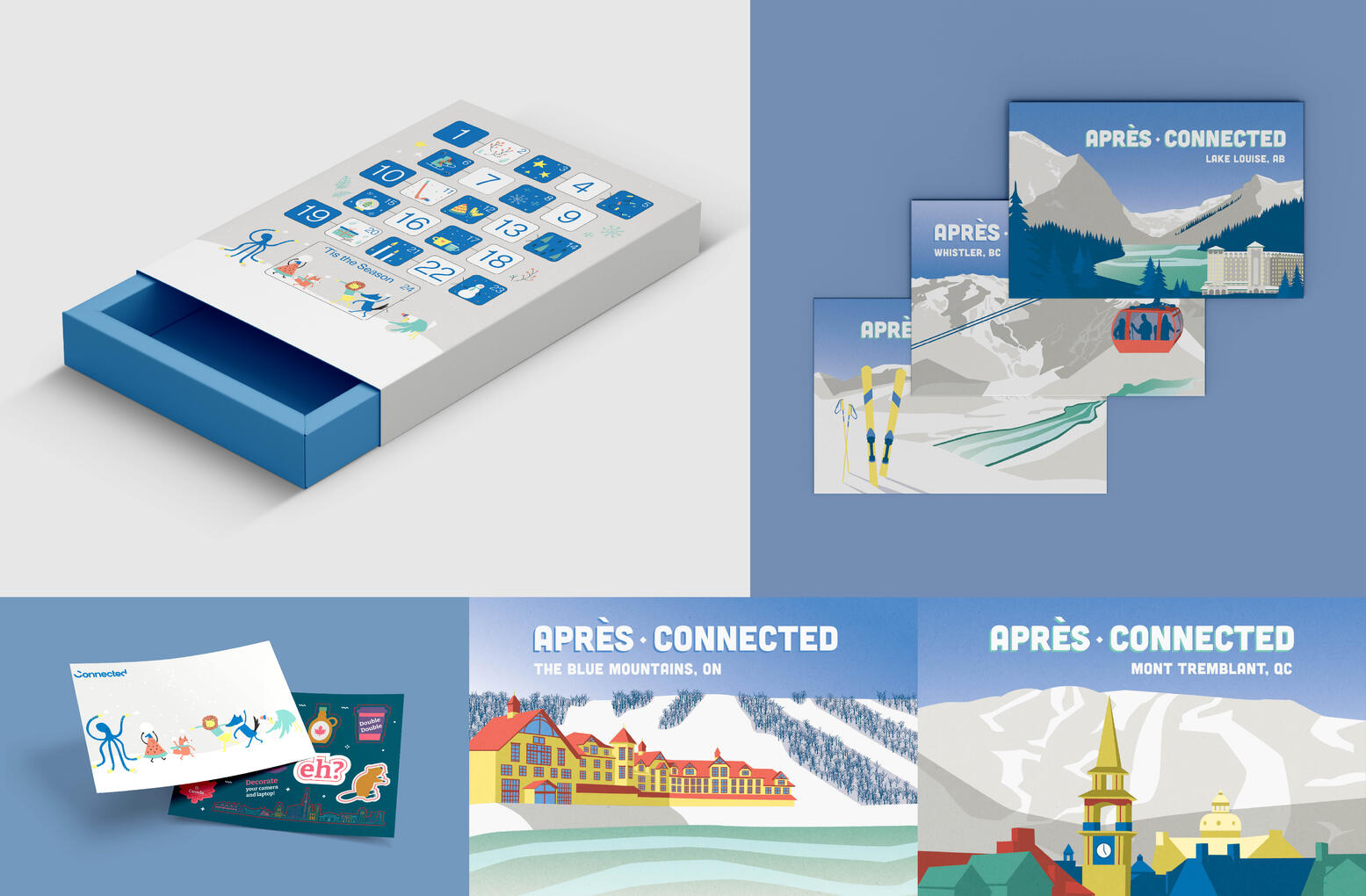 Connected branded advent calendar, postcards and sticker sets.