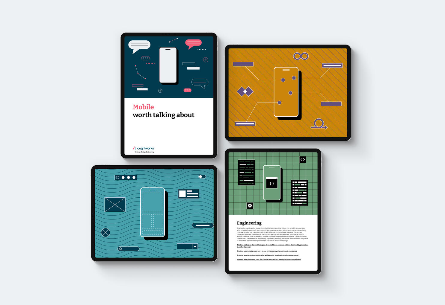 Series of tablet screens showing abstract mobile screen wireframes.