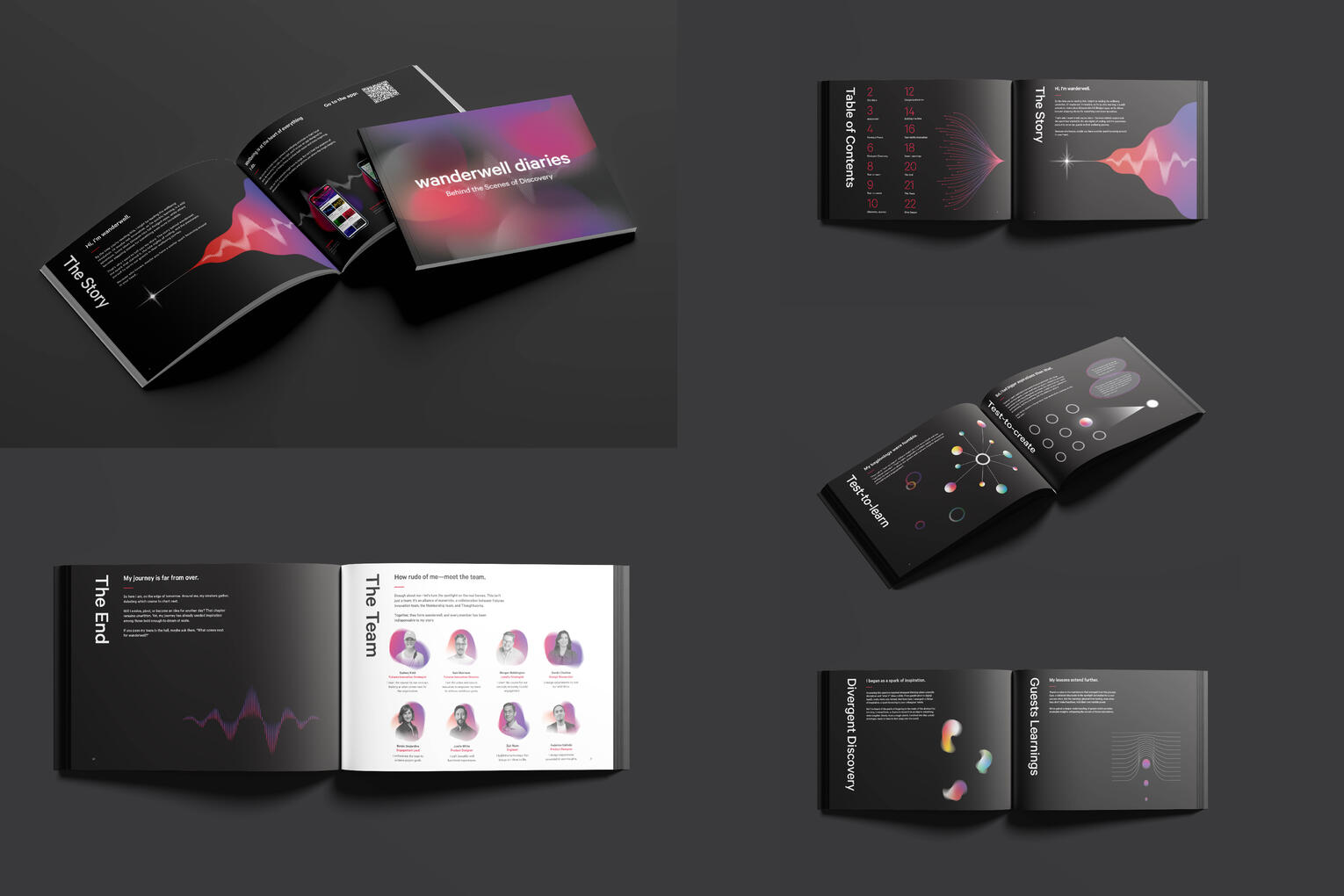 Grid of book illustration mockups showing neon gradient abstract shape illustrations.