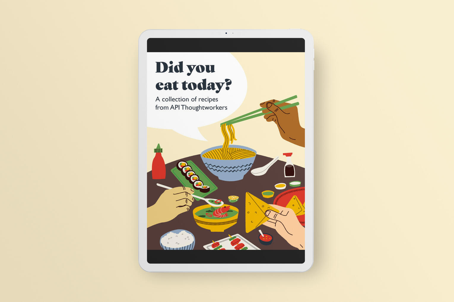 Collection of API foods and hands picking it up with utensils and fingers.