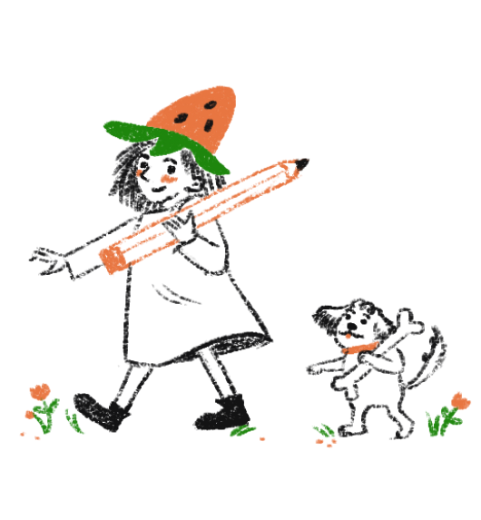 Strawberry witch and dog strolling